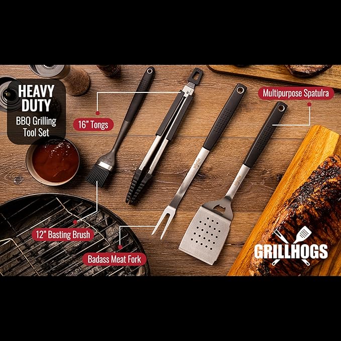 Heavy Duty BBQ Grilling Tool Set, Premium Soft Grip Tongs, Spatula with Bottle Opener and Serrated Edge, Barbecue Meat Fork, Stainless Steel Basting Brush, Premium BBQ Utensils Set (4 Piece)