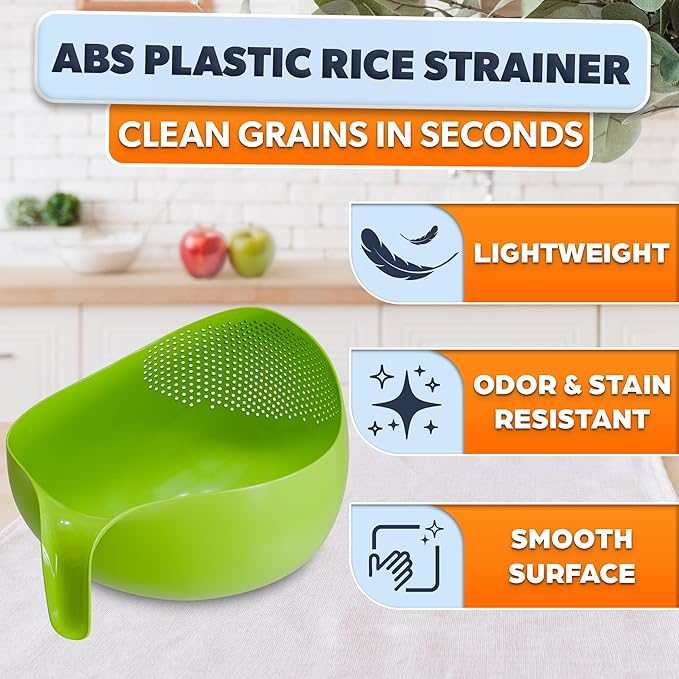 Rice Strainer with Handle - Lightweight Rice Washer Strainer Bowl with Smart Design for Easy Water Draining, Easy to Use & Clean ABS Plastic Colander with Handle for Cereals, Pasta, Vegetables, Fruits