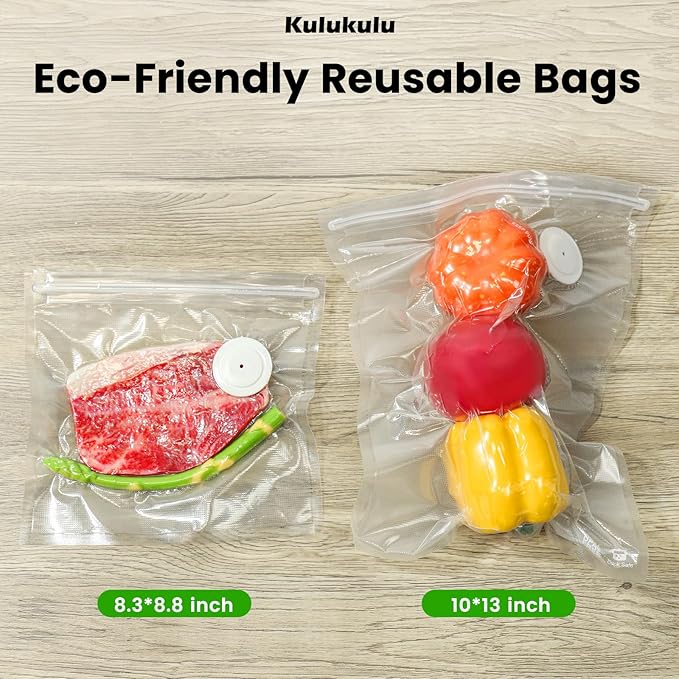 [2025 New Version] Kulukulu Vacuum Sealer Set, Portable Vacuum Sealer Machine for Food Storage and Sous Vide + 16 Reusable Vacuum Seal Bags(8 Medium Size + 8 Big Size)