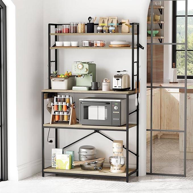YESHOMY Kitchen Baker’s Rack with Power Outlet, 5-Tier Microwave Stand, Coffee Bar with 8 S-Shaped Hooks, Heavy Duty Storage Shelf Unit for Spices, Pots, Washed Gray