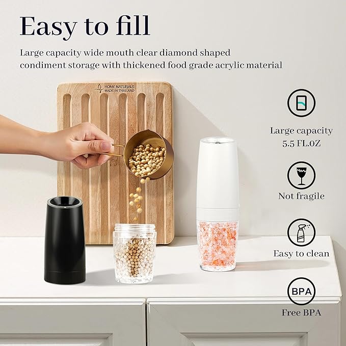 Gravity Electric Salt and Pepper Grinder Set of 2, Automatic Pepper Mill, USB Rechargeable, Adjustable Coarseness, One-handed Operation, Ceramic Burr, Refillable, Auto Grinders with LED light