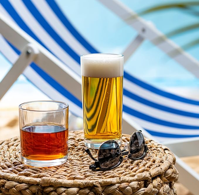 Everyday Drinking Glasses Set of 8 Drinkware Hurricane Glasses, Kitchen Glasses for Cocktail, Iced Coffee, Beer, Ice Tea, Wine, Whiskey, Water, 4 Tall Glass Cups & 4 Short Dof Drinking