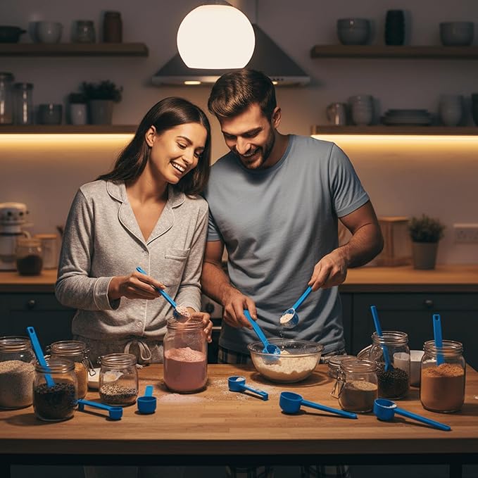 5g Plastic Measuring Spoons (10ml) – Pack of 5 mini Scoops for Protein Poweder, Creatine, Coffee, Lab, Baking, Laundry, Canisters, Dry Goods – 1 Teaspoon Measuring Spoons (tsp), Blue