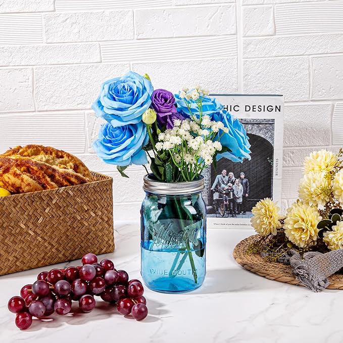 WELLIFE Blue Mason Jars 32 oz, 6 Pack wide mouth mason jars for Canning, Pickling, Food Storage, Fermenting, DIY Crafts & Decor, Glass Jar with Lid