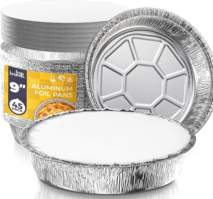 Fit Meal Prep 45 Pack 9” Round Aluminum Foil Pans with Lids, Pie Tins Disposable 9 inch with Lids, Take Out Containers, Freezer Oven Safe Aluminum Baking Pans for Storing, Cooking, Storage, Reheating