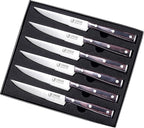 Steak Knife Set of 6 with Gift Box - Ergonomic Grip Black Wooden Handle, Highly Resistant & Durable German Stainless Steel, Serrated Edge - 4.8''Dinner Knife Set Non Straight