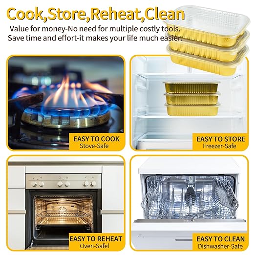 Aluminum Pans with Lids Half Size 9x13 Extra Heavy Duty (15 Pack + 15 Lids), Disposable Gold Aluminum Foil Baking Pans Double Thick Tin Foil Food Container with Lids for Baking, Heating, Cooking