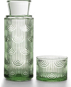 Bedside Water Carafe and Glass Set, Mouthwash Dispenser for Bathroom, 21.6 Oz Glass Water Bottles with 6 Oz Drinking Cup as Lid, Water Pitcher for Nightstand, Kitchen (Green)