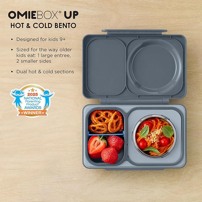 Omie OmieBox UP bento Box for Kids | Insulated Lunch Box | Leak Proof Vacuum Insulated Thermal Food jar | Cooler ice Pack | 2 Compartments (Graphite)
