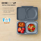 Omie OmieBox UP bento Box for Kids | Insulated Lunch Box | Leak Proof Vacuum Insulated Thermal Food jar | Cooler ice Pack | 2 Compartments (Graphite)