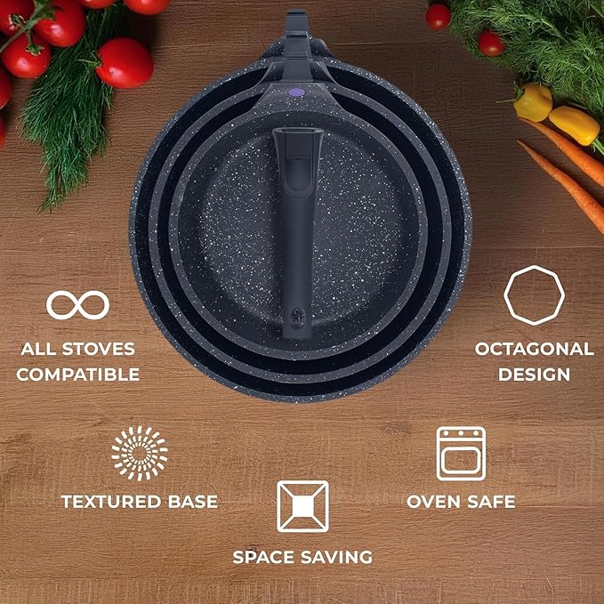 8, 10 and 12 Inch Nonstick Frying Pan Set of 3 - Cast Aluminum Pan with Detachable Handle - Non Stick Skillet Healthy Cooking Pans Induction Compatible Cookware, PFOA Free