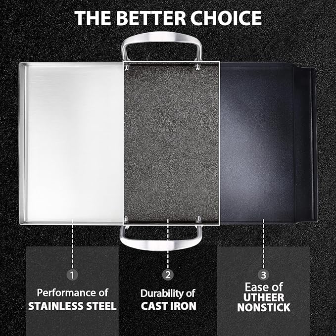 Utheer 19.5" x 10" Ceramic Nonstick Stainless Steel Griddle for Gas, Charcoal & Grill, Large Stove Top Griddle, Non-Toxic, PFAS/PFOA/PTFE Free, Oven Up to 500°F, for BBQ, Camping & Kitchen