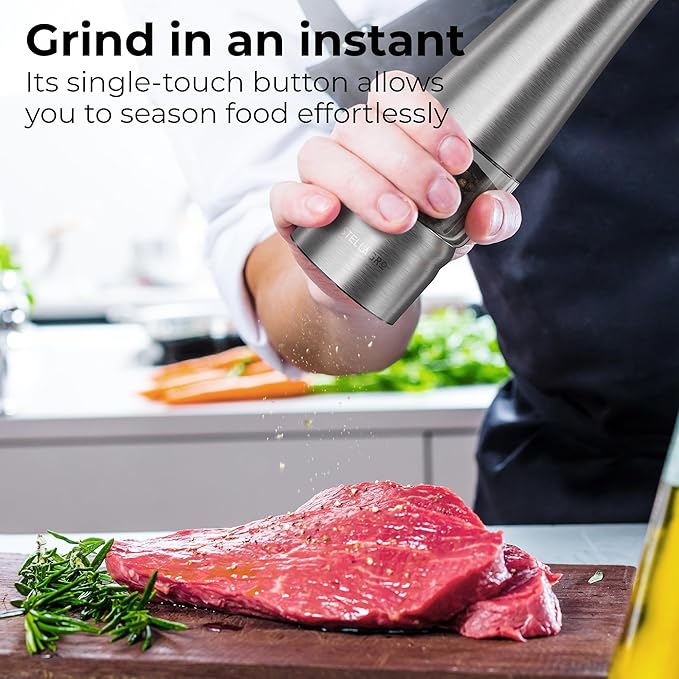 Premium Electric Salt and Pepper Grinder Set - Stainless Steel Battery Salt and Pepper Grinder Set with Adjustable Coarseness & Warm White Light - Automatic Spice Mill Shakers