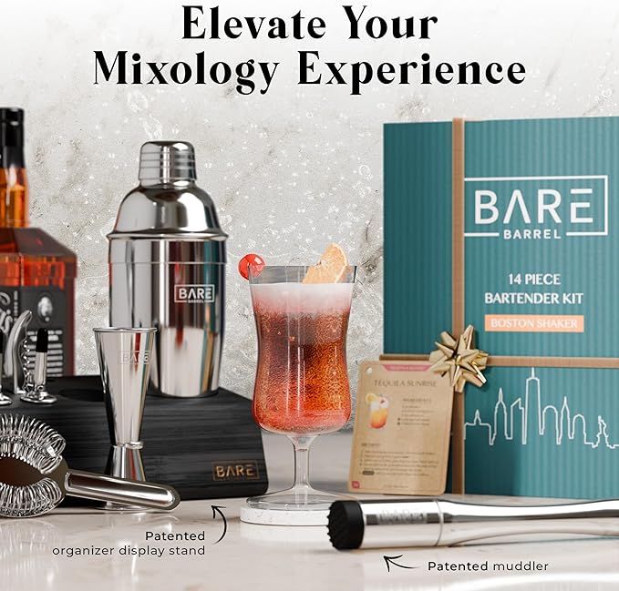 BARE BARREL® Mixology Bartender Kit Bar Set | 14-Piece Cocktail Shaker Set | Martini Barware Mixing Tools for Home Bartending | Incl. 35 Recipe Cards | Gift Set (24oz Cobbler Shaker, Silver/Black)