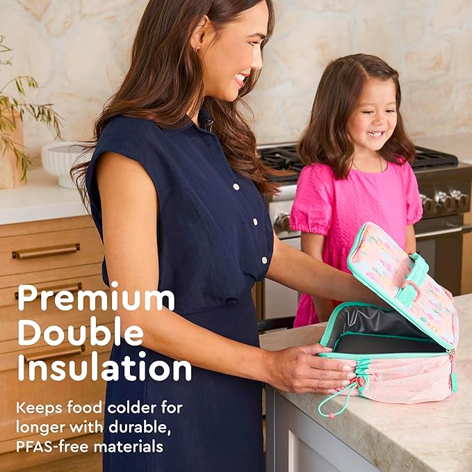 Bentgo Kids Lunch Bag - Durable, Double-Insulated Lunch Bag for Kids 3+; Holds Lunch Box, Water Bottle, & Snacks; Easy-Clean Water-Resistant Fabric & Multiple Zippered Pockets (Tropical)