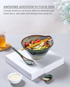 HENXFEN LEAD Japanese Ramen Noodle Bowl Set of 2-30 Oz Large Porcelain Salad Bowls with Chopsticks, Soup Spoons and Rests, Kitchen Serving Dishes for Pho, Udon - Reactive Green