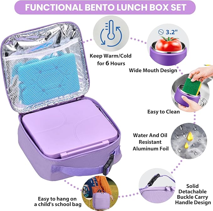 Bento Lunch Box with 8oz Soup Thermo,Kids Leakproof 4 Compartment Lunch Food Containers with Sauce Cup and Ice Pack,Kids Thermo Insulated Hot Food Jar and Lunch Bag for School,Trvael-Purple