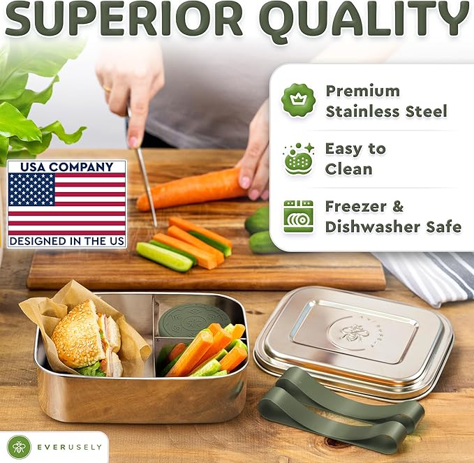 Everusely - Bento Box - Sage, 47oz / 1.4 L - Stainless Steel Lunch Box with Leakproof Condiment Container - 3 Compartment Snack Organizer for On the Go Meals - Freezer & Dishwasher Safe