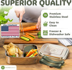 Everusely - Bento Box - Sage, 47oz / 1.4 L - Stainless Steel Lunch Box with Leakproof Condiment Container - 3 Compartment Snack Organizer for On the Go Meals - Freezer & Dishwasher Safe