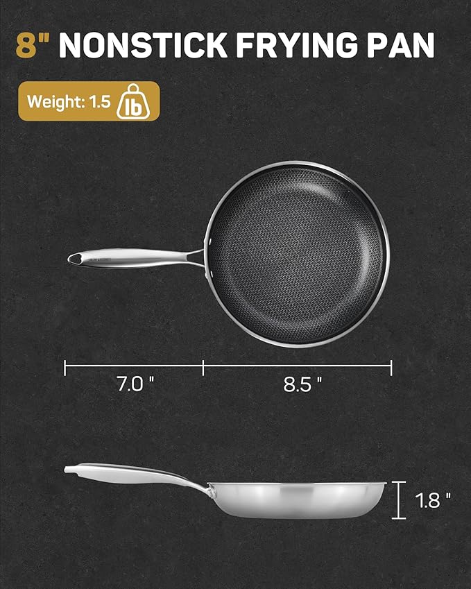 Stainless Steel Nonstick Frying Pan, Hybrid Ceramic 8-Inch Frying Pans, Stay-Cool Handle, PFAS & PFOA PTFE Free, Dishwasher & Oven Safe, Scratch-Resistant, Compatible with Induction & All Cooktops