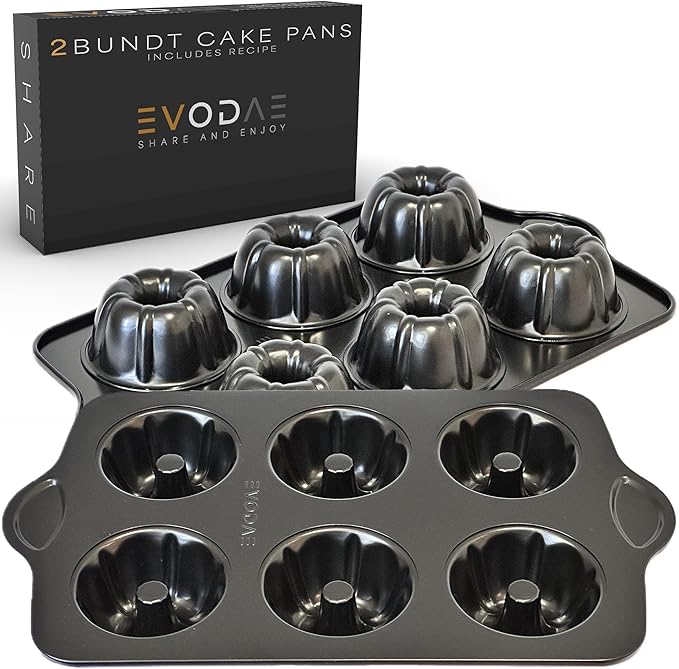 EVODAE® Mini Bundt Cake Pans Set of 2 – 12 Cup (2x6) – Nonstick Black Coated Tube Pans – Perfect for Fall Baking, Pumpkin Spice & Holiday Treats – PFOA & PTFE Free