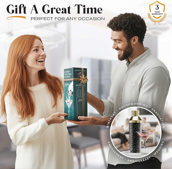 Insulated Cocktail Shaker Set | Double Wall Stainless Steel | Martini Shaker for Home Bar Bartending | Built-in Drink Measurement System & Strainer, Travel Bag, 35 Recipes | Gift Set (Leopard Gold)