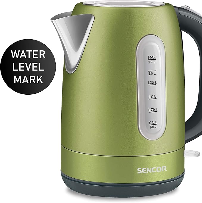 Sencor SWK1770GG 1.7L Stainless Steel Electric Kettle with Lid Safety Lock, Light Green