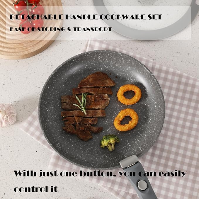 Gray Non Stick Pot and Pan Set with Removable Handle, Ceramic Cookware Set Detachable Handle, 5pcs Induction Kitchen Camping Stackable Pots Pans, Dishwasher/Oven Safe, PTFE/PFAS/PFOA Free