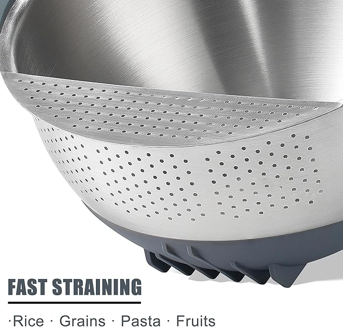 Rice Washer Strainer Bowl Quinoa Washing Bowl 18/10 Stainless Steel Colander Versatile Good Grips Side Drainers for Cleaning Rinsing Fruits, Vegetables, and Beans - Tilting Non-slip Silicone Bottom