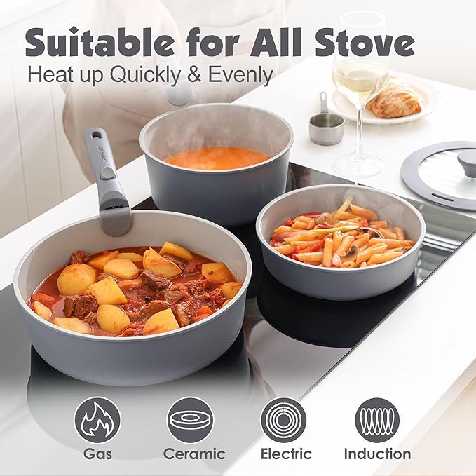 SENSARTE 24 Piece Ceramic Pots and Pans Set, Nonstick Detachable Handle Cookware, Induction Kitchen Cookware Set with Removable Handle, Healthy Non Stick for RV, Dishwasher＆Oven Safe, PFOA Free (Gray)