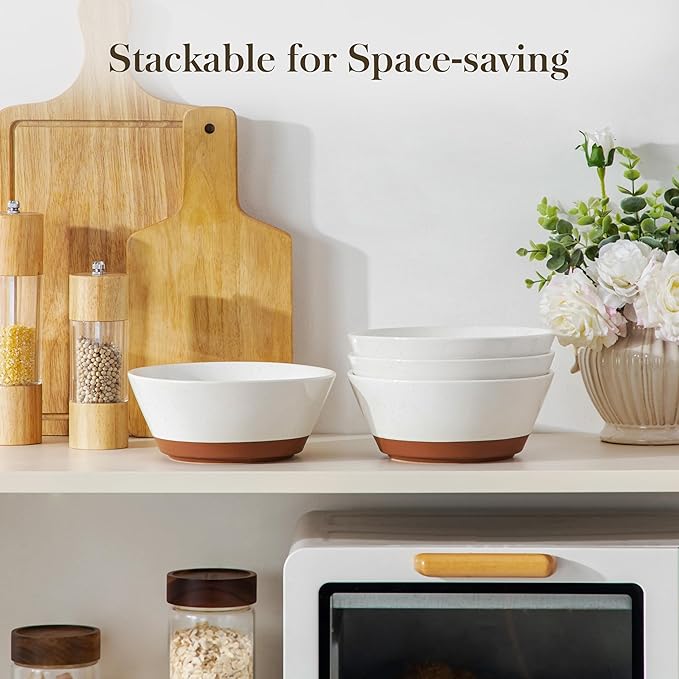 MALACASA Soup Bowls, Ceramic Salad Bowls Set of 4, 35oz Ceramic Bowls for Ramen, Cereal, Fruit and Pho, Microwave & Dishwasher Safe, Speckled Deep Bowls, Vanilla White & Brown