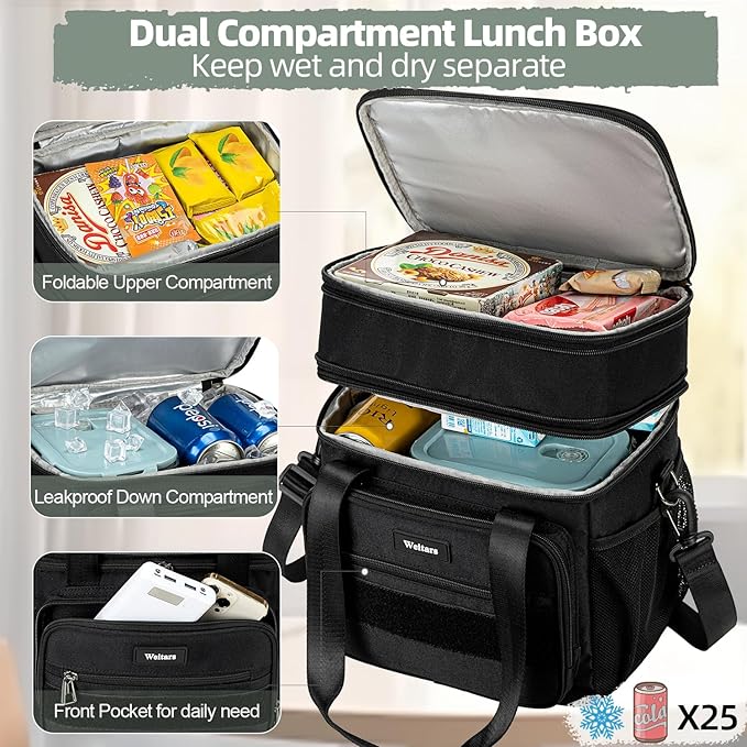 Weitars Lunch Box for Men Women Dual Compartment Lunch Box Heavy Duty Large Insulated Tactical Lunch Bag Durable Cooler Bag With Shoulder Strap for Adults Work Picnic Road Trip