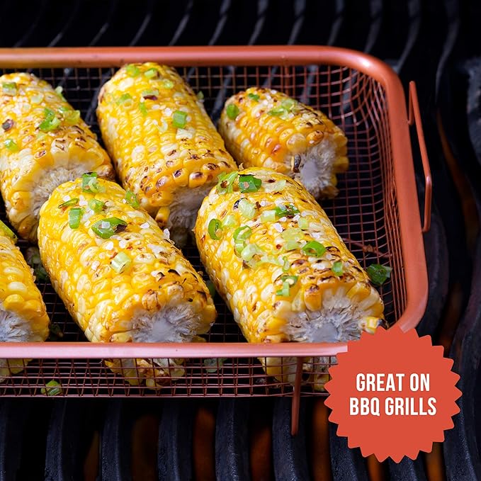 Chef Pomodoro Air Fryer Tray for Oven, Copper Crisper Tray, Air Fryer Pans for Toaster Oven, Air Fryer Basket and Tray 2-Piece Set, Air Fryer Baking Pan, Air Fryer basket for Oven (Rectangle)