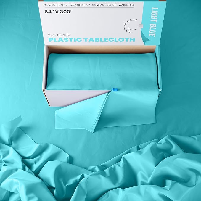 Exquisite Light Blue Plastic 54x300 inches Tablecloth Roll with Built-in Cutter, 300 Feet, Rectangular, All-Season, 1 Count