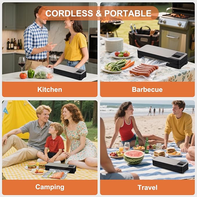 Vacuum Sealer Machine, 75kpa Rechargeable Automatic Food Sealer for Freshness Storage, Portable Touch Screen Food Vacuum Sealers Machine with Pre-cut Cutter & Bags, Air Hose for outdoor Indoor