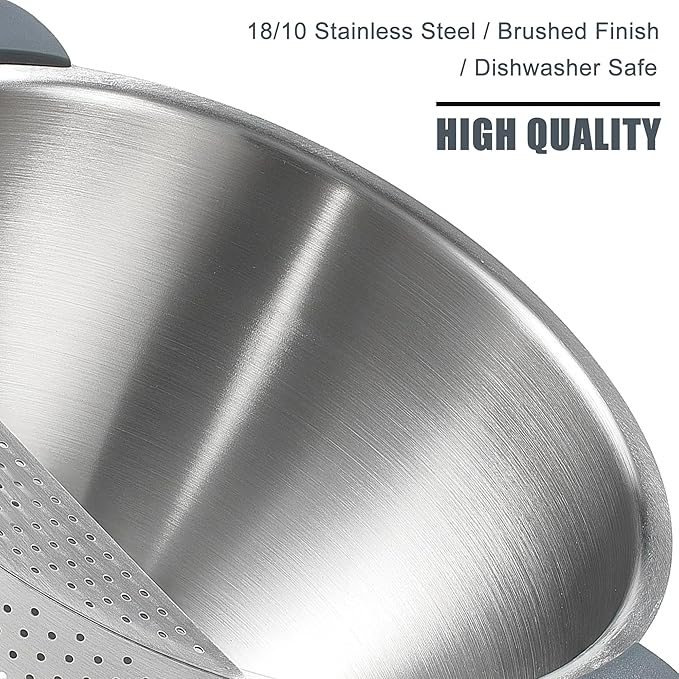 Rice Washer Strainer Bowl Quinoa Washing Bowl 18/10 Stainless Steel Colander Versatile Good Grips Side Drainers for Cleaning Rinsing Fruits, Vegetables, and Beans - Tilting Non-slip Silicone Bottom