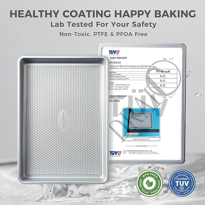 HONGBAKE Naturally Non Toxic Baking Sheet Pan Set of 3, Heavy Duty Aluminized Steel Cookie Sheets, Half/Quarter/Jelly Roll Pans with Textured Nonstick Surface, Free of PTFE & PFOA