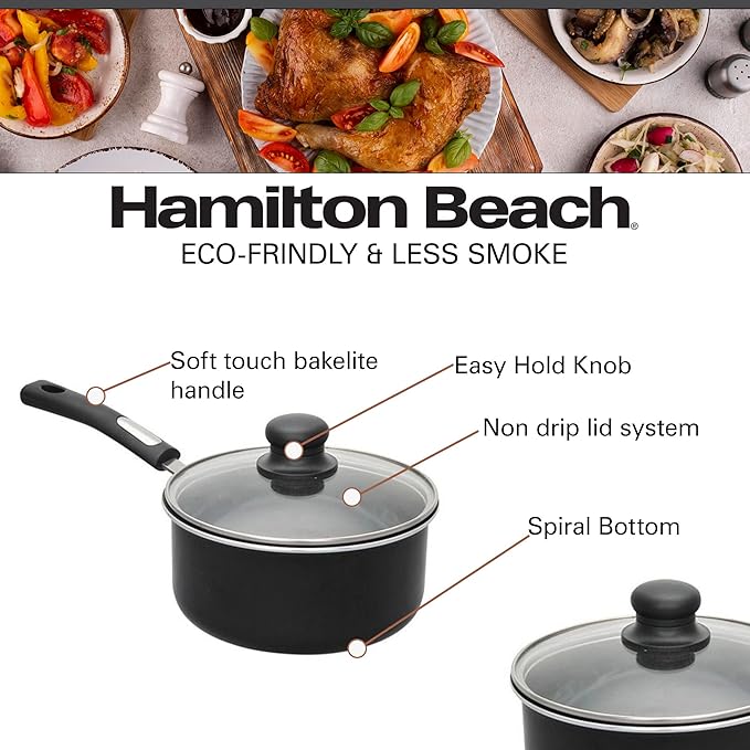 Hamilton Beach Aluminum Covered Cookware Set, Nonstick Saucepan Frypan, Dutch Oven with Soft Touch Bakelite Handle, | Spiral Bottom- Multipurpose Use | Durable & Dishwasher Safe |10pc, Black |