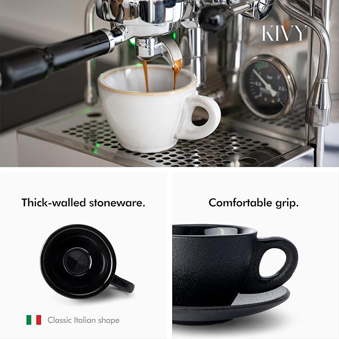 KIVY Cappuccino cups set of 4 [8oz] - Thick-walled stoneware cappuccino cup set for latte art - Latte mugs - Latte cups - Latte mug - Coffee cup black - Ceramic latte cup and saucer