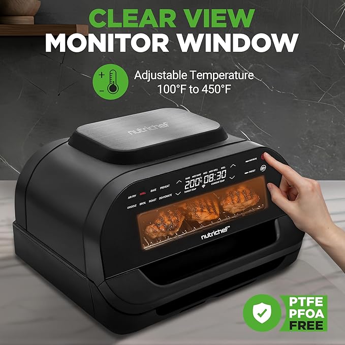 NutriChef Indoor Smokeless Grill | Smart Grill & Air Fryer with 7 Cooking Functions | 6L Capacity | Includes Smart Thermometer | Precise Temperature Control | Non-Stick Removable Grill Plates