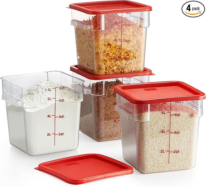 CURTA 4 Pack Food Storage Container with Red Lid - NSF Listed Commercial Grade in 8.0 Qt - Square, Clear, Polycarbonate