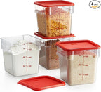 CURTA 4 Pack Food Storage Container with Red Lid - NSF Listed Commercial Grade in 8.0 Qt - Square, Clear, Polycarbonate