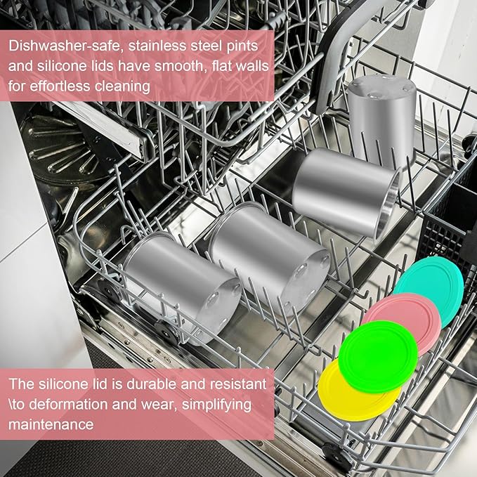 Stainless Steel Pint Containers & Lids Compatible with Ninja Creami ice Cream Maker NC500, NC501, CN501CO Delux Series– 2 Pack, 24 oz, Silicone Lids, BPA-Free, Dishwasher Safe
