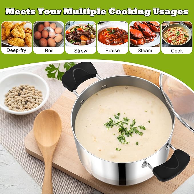 5 Quart 3-Ply Cooking Stock Pot with Lid, P&P CHEF Stainless Steel Large Pot for Pasta Soup, Work on Multi Stove, Heavy Duty & Dishwasher Safe, Dual Heat-resistant Handles & Visible Lid