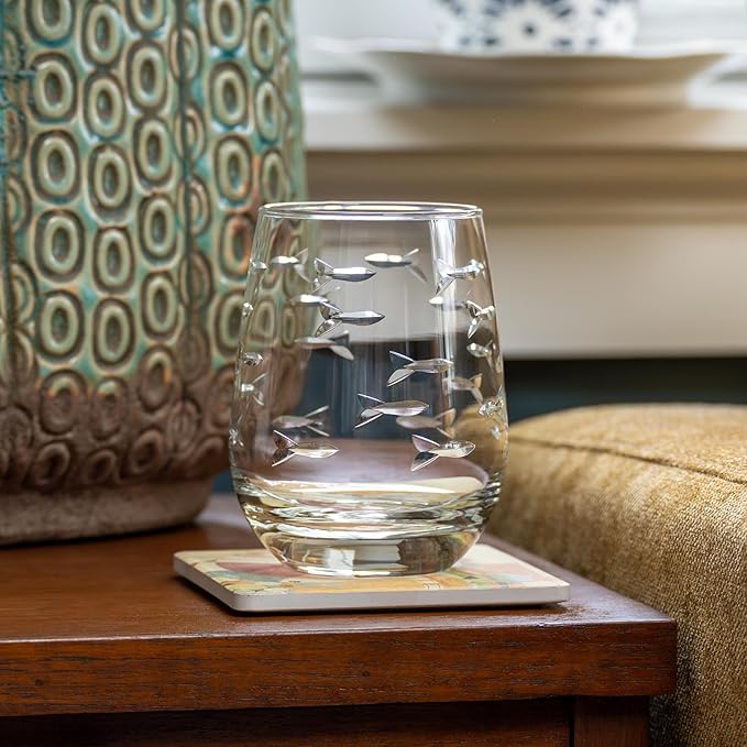 Rolf Glass School of Fish Clear Stemless Wine Glass | Set of 2 Stemless Glasses | 15oz Glass Tumblers | Engraved Lead-Free Coastal Glassware | Made in the USA