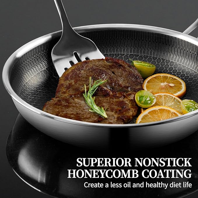 Stainless Steel Frying Pan with Lid - 11 Inch Nonstick Frying Pan with Lid, Honeycomb Stainless Steel Skillet Omelet Chef's Pan with Stay Cool Handle, Induction Compatible, PFOA Free