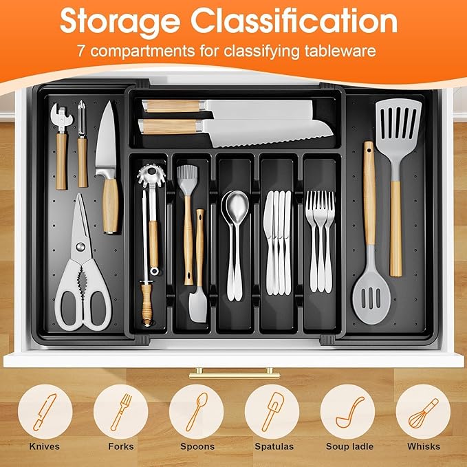 Silverware Organizer，Adjustable & Expandable Utensil Drawer Organizer, BPA Free Utensil Holder, Cutlery Tray for Forks, Spoons, Knives in Kitchen, Large, Black