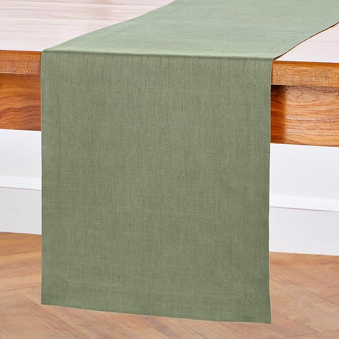 Solino Home Linen Table Runner 60 Inches - 100% Pure Linen Oil Green Table Runner 14 x 60 Inch Ideal for Dresser and Coffee Tables - Summer, Fall, Autumn - Fete