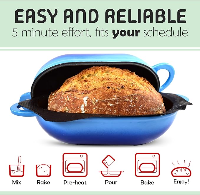 LoafNest: Incredibly Easy Artisan Bread Kit. Cast Iron Dutch Oven [Compact 2 qt size] and Perforated Non-Stick Silicone Liner.