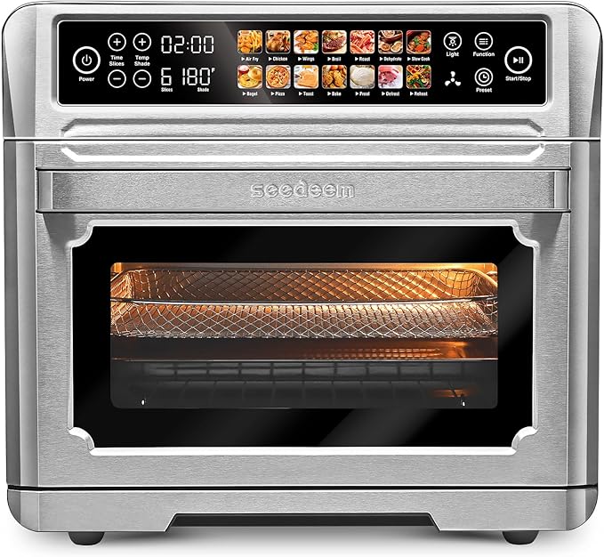 SEEDEEM Air Fryer Toaster Oven, 25L Countertop Convection Oven with Color LCD Display and Touch Screen, 14-in-1 Functions, Stainless Steel Smart Oven with Preset and Timer, Silver Metallic